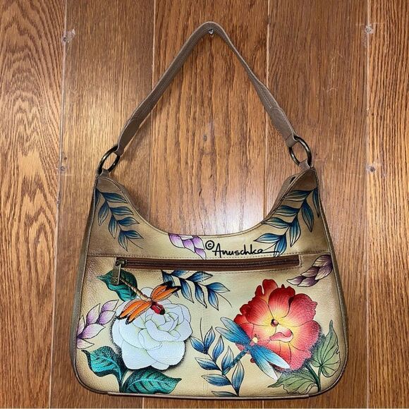 Anuschka Floral Dragonflies Hobo Shoulder Bag EUC Hand-Painted Leather Tan Red - Picture 8 of 10
